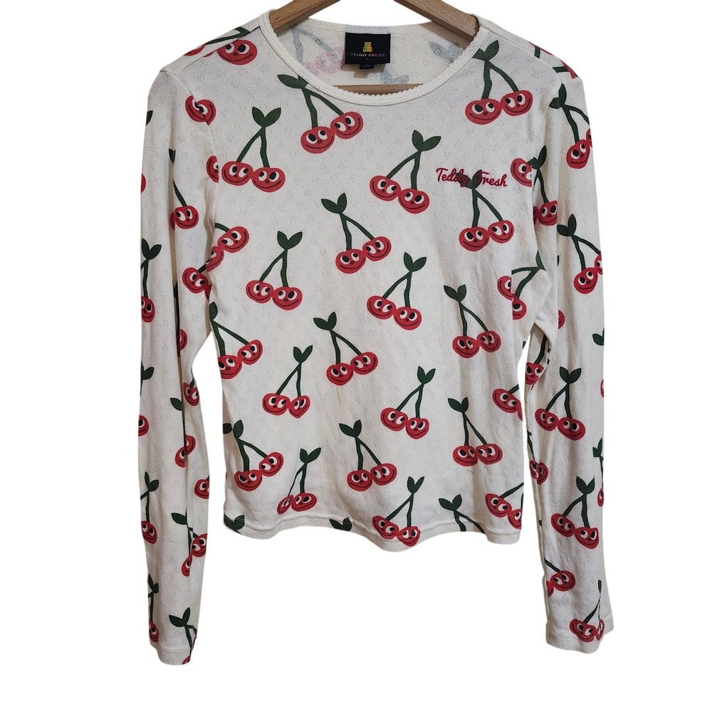 Teddy Fresh Fruity Fresh Cherry Print Long Sleeve Thermal Top Large 100% Cotton